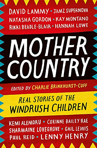 Book cover: “Mother Country” with names of contributors, vibrant geometric pattern.