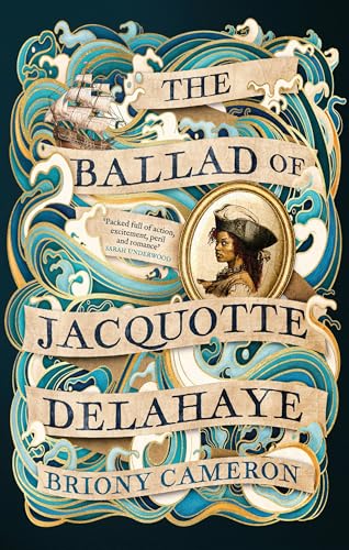 Book cover: woman in a hat, sailing ship, and swirling blue waves.