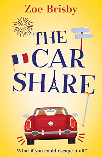 Book cover: red car, French flag, walking stick, yellow background.