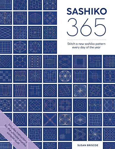 Book cover showing a grid of blue squares with white sashiko embroidery patterns.