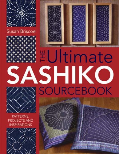 Book cover featuring blue and white Sashiko embroidery patterns on a red background.