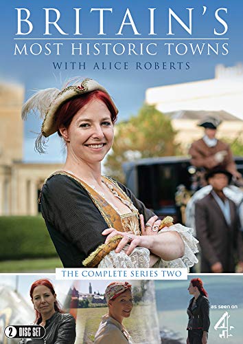 DVD cover for "Britain's Most Historic Towns" featuring Alice Roberts in period costume.