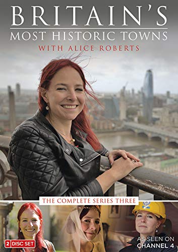 DVD cover for Britain's Most Historic Towns featuring Alice Roberts with a city background.