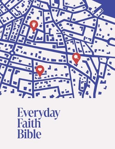 Blue and white street map background with three red location pins and text below.