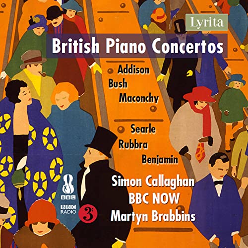 CD cover: stylized crowd illustration with "British Piano Concertos" title.