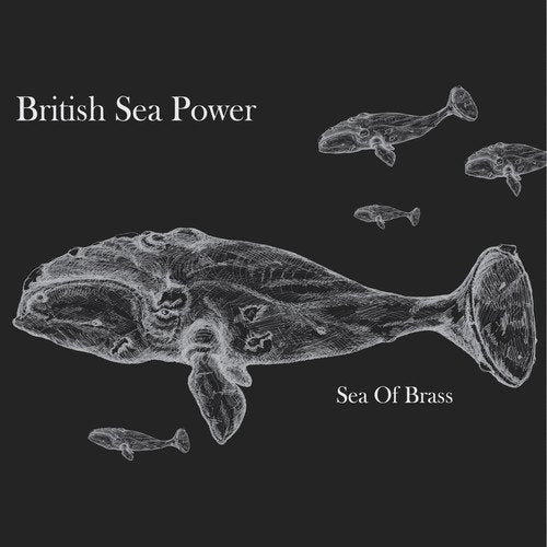 "Album cover with a dark grey background and a sketched whale and fish."