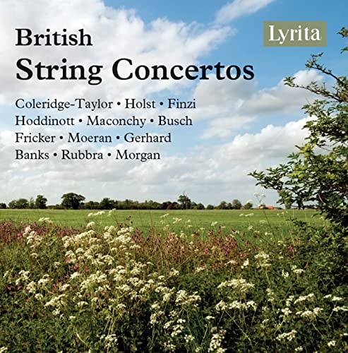 CD cover: British String Concertos, landscape with wildflowers, composer names listed.