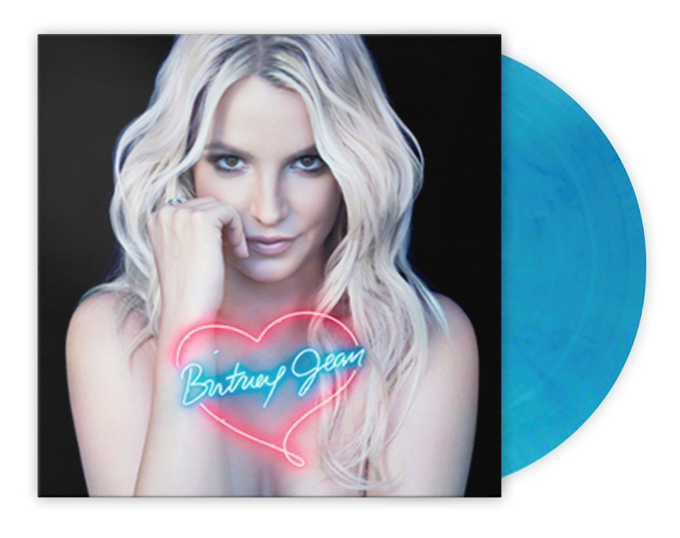 "Britney Spears album cover with blue vinyl record partially visible."