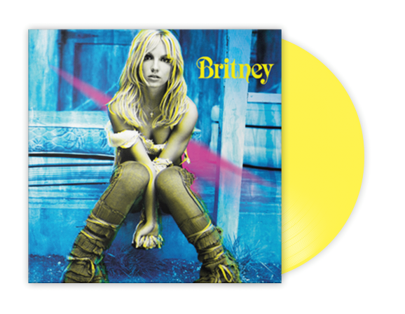 Britney Spears album cover with yellow vinyl record beside it.