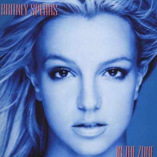 Britney Spears album cover, “In The Zone,” close-up portrait, blue tones.