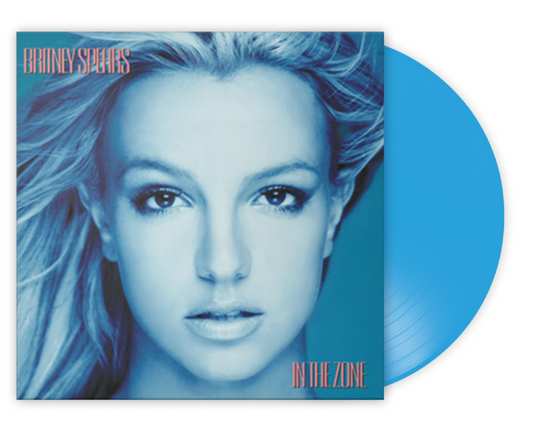 Blue vinyl record with cover featuring a close-up of Britney Spears' face in blue tone.