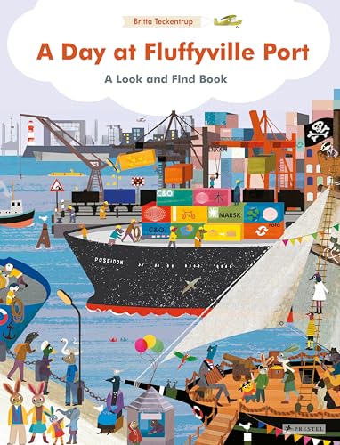 Colorful illustration of a port with a large ship, animals, and various objects.