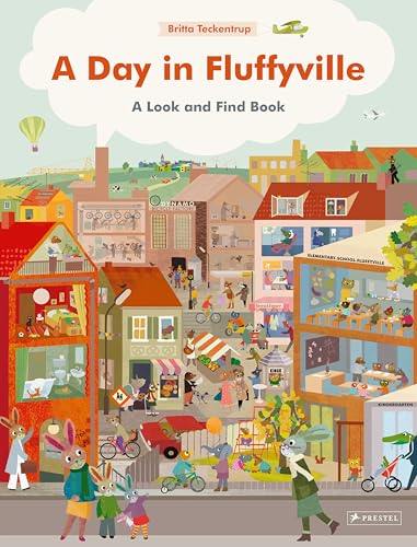Colorful illustrated town scene with animal characters, a look-and-find book cover.