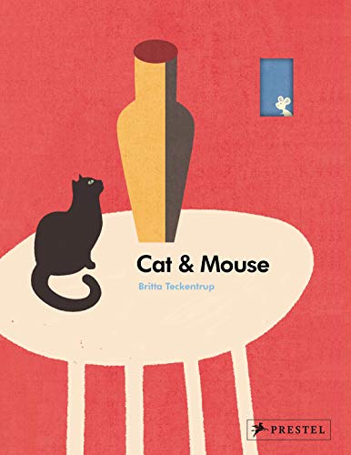 Black cat and a small white mouse on a red background with a vase.
