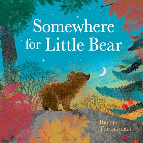 Little bear stands on a rock amidst trees and a crescent moon.