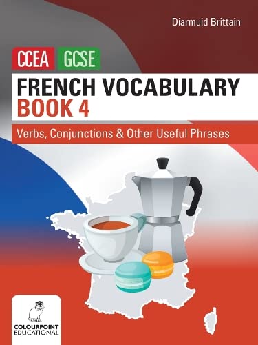 French vocabulary textbook with coffee pot, macarons, and map of France.