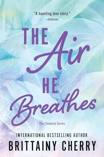 Book cover for The Air He Breathes featuring purple text over soft blue feathers.
