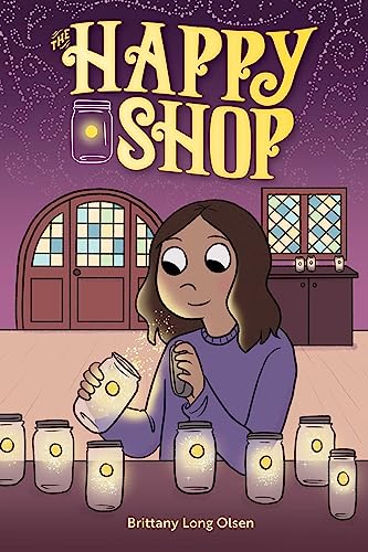 Book cover: girl with glowing jars in front of a shop.