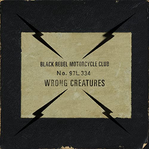 Vinyl album cover featuring text on a beige rectangle framed by black lightning bolts.