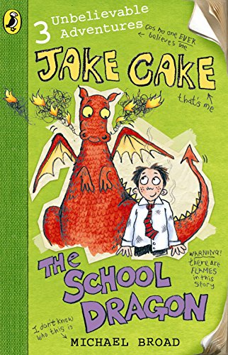 Book cover: red dragon and boy with messy hair on green background.