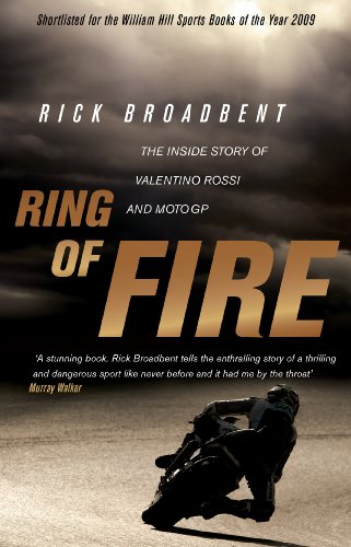 Book cover: "Ring of Fire" featuring a motorcycle racer in silhouette.
