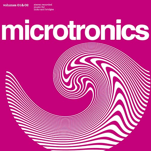 Magenta album cover with white text reading microtronics and a white swirling wave pattern.