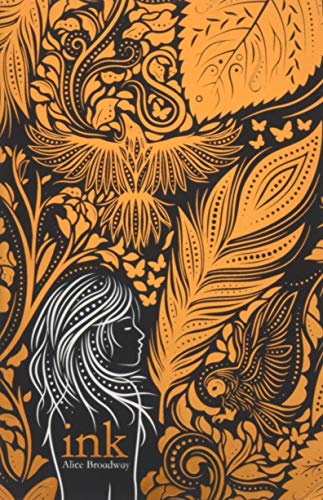 Book cover featuring a silhouette of a girl, birds, and feathers in orange patterns.