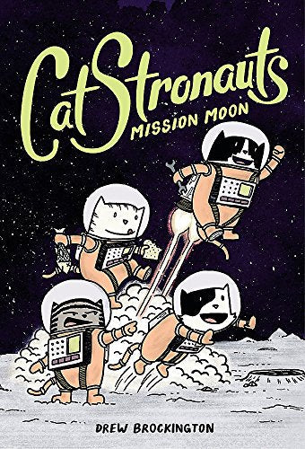 Three cartoon cats in astronaut suits floating on the moon against a starry background.