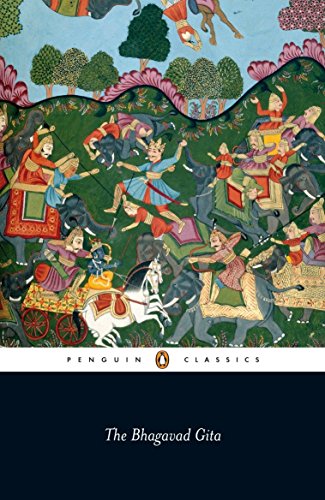 "Book cover of 'The Bhagavad Gita' featuring a battle scene illustration and Penguin Classics logo."