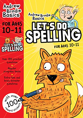 Colorful spelling workbook cover with cartoon fox and child character.