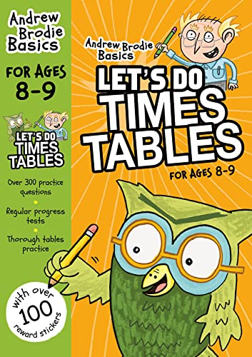 Book cover: "Let's Do Times Tables" for ages 8-9, with owl illustration.