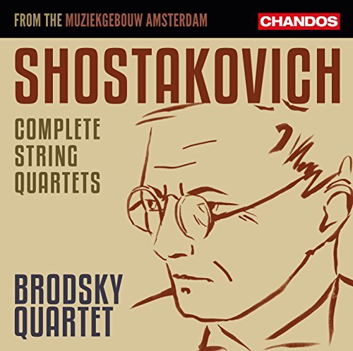 CD cover featuring a sketch of Shostakovich with text detailing the complete string quartets.