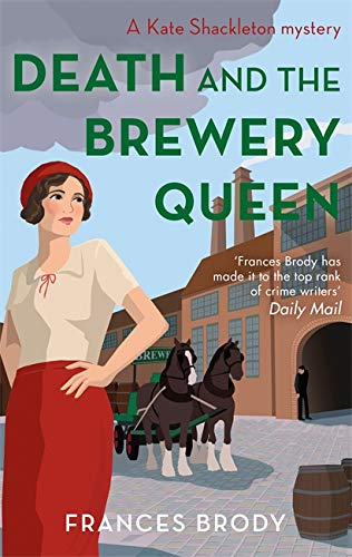 Book cover: woman in red, brewery scene, and title "Death and the Brewery Queen".