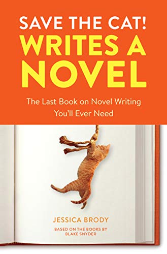 Book cover with orange top, white bottom, and an orange cat hanging from text.