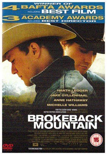 DVD cover for Brokeback Mountain featuring two men in cowboy hats against a landscape.