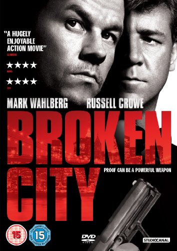DVD cover for “Broken City” featuring Mark Wahlberg and Russell Crowe.