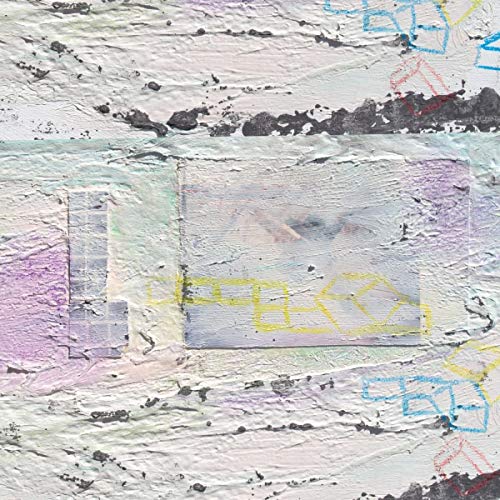The image depicts a textured, abstract artwork with a central rectangular section. Alt text: "Textured abstract artwork with a central rectangle and colorful, rough surface."