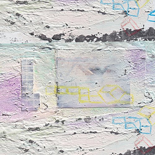 The image shows a vinyl record cover with a textured, abstract design. Alt text: "Textured vinyl record cover with abstract pastel colors and faded text."