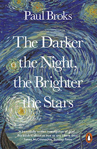 Book cover with swirling blue and yellow starry night painting, white text.