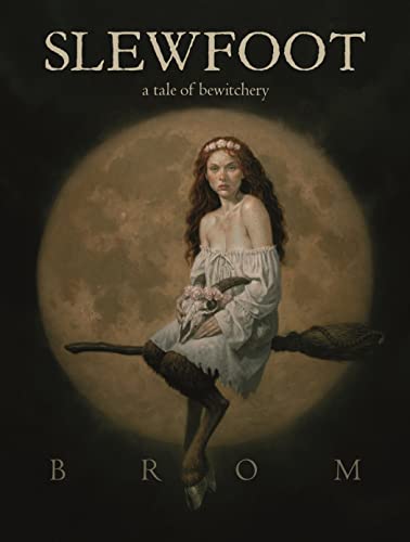 A woman with goat legs sits on a broomstick before a large full moon.