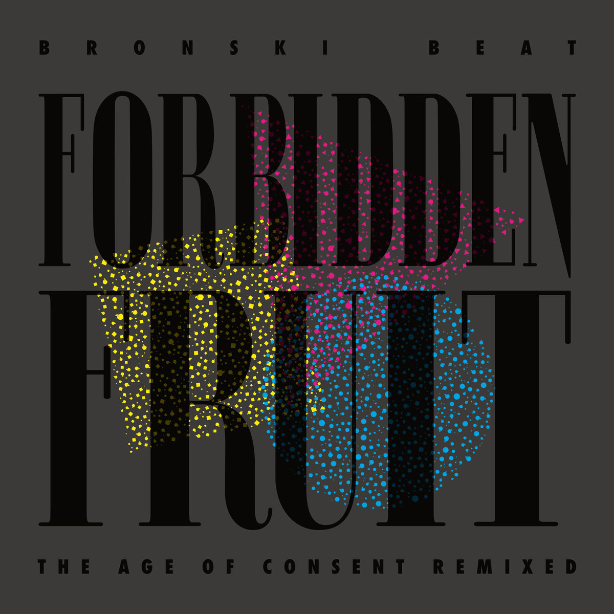 Bronski Beat "Forbidden Fruit" album cover with colorful speckled text.