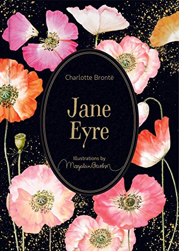 Book cover of “Jane Eyre” with floral poppy illustrations.
