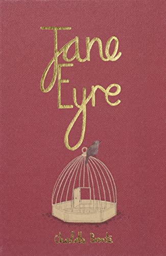 Red book cover with gold text Jane Eyre, a birdcage, and a small bird.