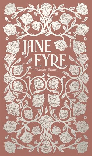 Red book cover with ornate floral design and title "Jane Eyre".