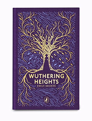 Purple book cover with gold tree and figure, titled “Wuthering Heights”.