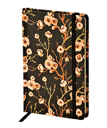 A black notebook with a pattern of peach-colored cherry blossoms and an elastic strap.