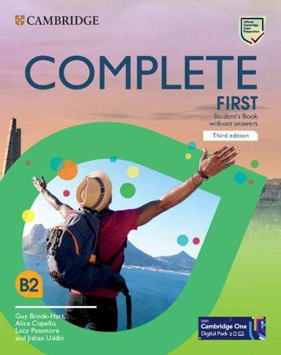 Textbook cover titled Complete First showing a person with a backpack overlooking a landscape.