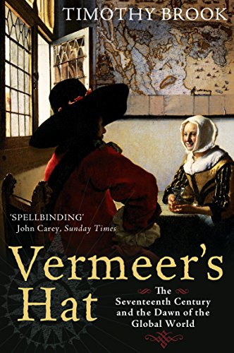 Book cover depicting a 17th-century painting with figures and a world map.