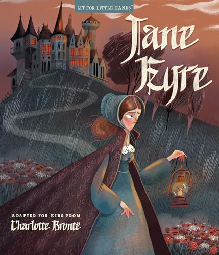 Illustration of Jane Eyre with a lantern before a dark castle.