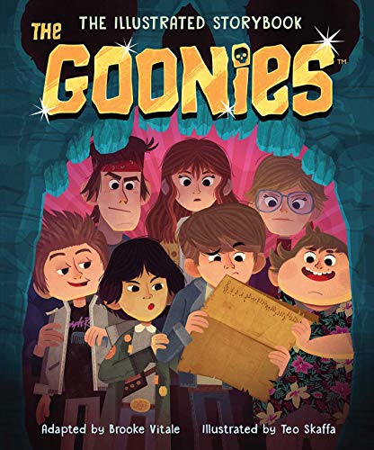 The Goonies" illustrated storybook cover with cartoon characters and a treasure map.